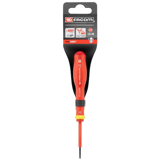 Facom insulated screwdriver AT2_5X50VEPB with red handle, photography, front view on white background.