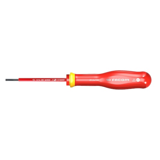 Facom AT2_5X50VE insulated screwdriver with red handle, flat head, side view on white background.