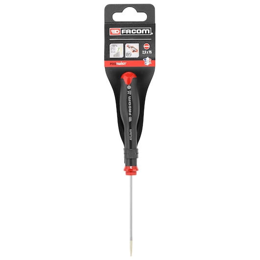 Facom precision slotted screwdriver PROT_SD_PARA_2.5X75_STD with black and red handle, front angle, white background.