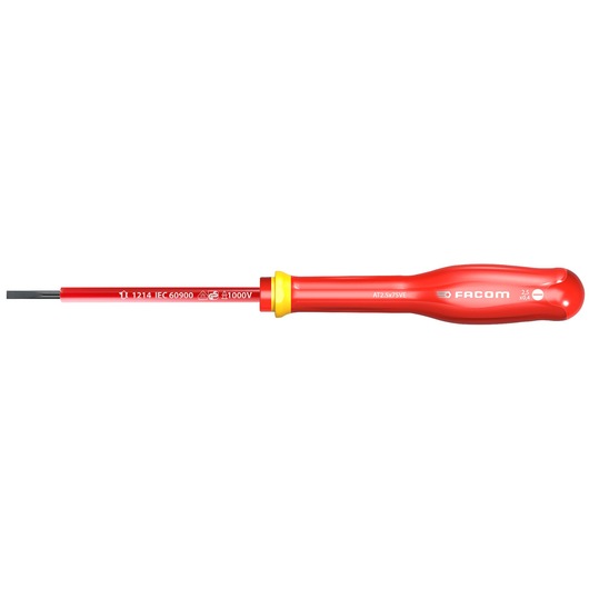 Photo of Facom insulated electrician's screwdriver AT2_5x75VE, red handle, flathead, side view on white background.