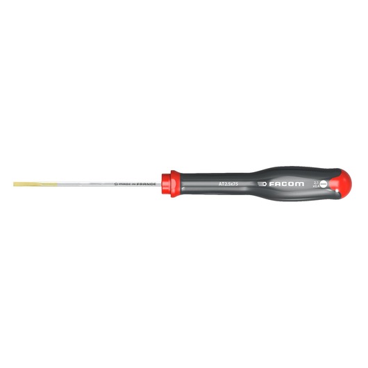 Photo of Facom AT2X75 precision screwdriver with black and red handle, side view on white background.