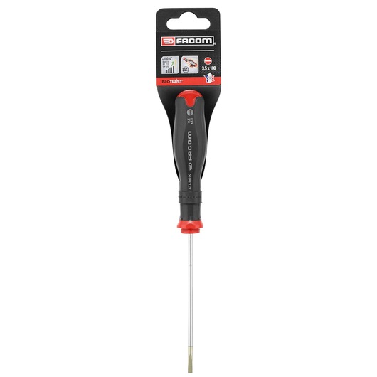 Photo of Facom PROT_SD_PARA_3.5X100_STD flathead screwdriver with black and red handle, front view on white background.