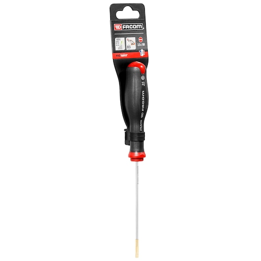 Facom flat-head screwdriver PROT_SD_PARA_3.5X100_STD with black and red handle, product packaging, front view.