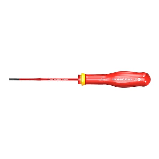 Facom insulated flat screwdriver AT3_5X100TVE, red and yellow handle, side view on white background.