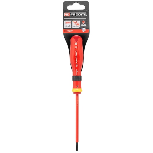 Facom insulated slotted screwdriver PROT_SD_PARA_3.5X100_1000V with red and yellow handle, frontal view, white background.