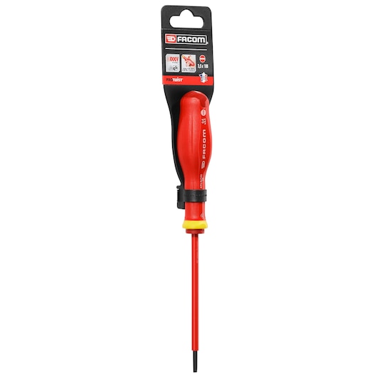 Facom PROT_SD_PARA_3.5X100_1000V insulated screwdriver with red handle and blade, front view.