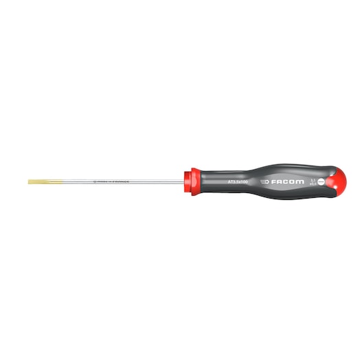 Facom AT3_5X100 flathead screwdriver, black and red handle, side angle on white background.