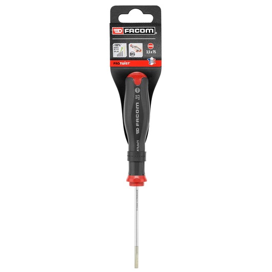 Facom flathead screwdriver AT3_5X75PB, black and red handle, front angle, white background.