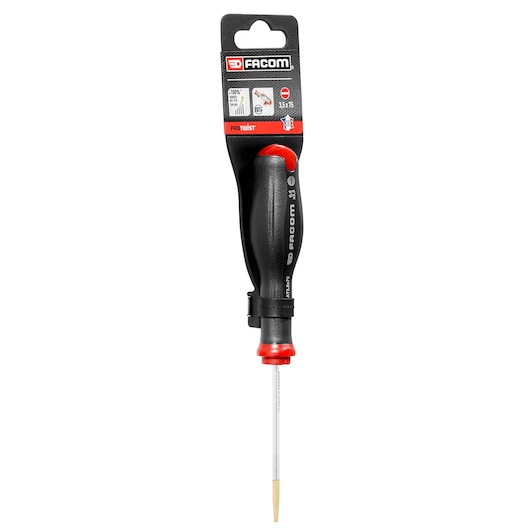 Facom AT3_5X75PB flat screwdriver with black and red handle, front angle on white background.