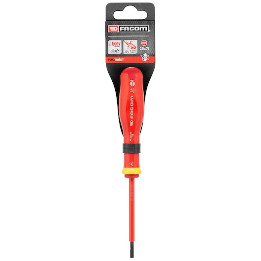Facom AT3_5X75VEPB insulated flathead screwdriver with red and yellow handle, front view, on white background.