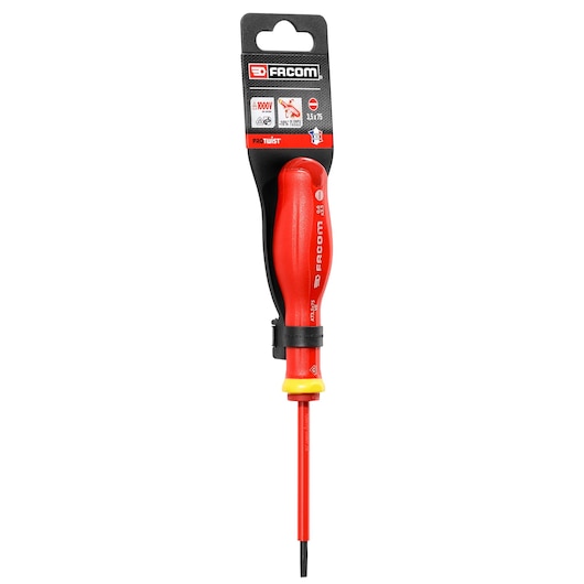 Facom insulated screwdriver with red handle, flat blade, AT3_5X75VEPB, front angle, on white background.