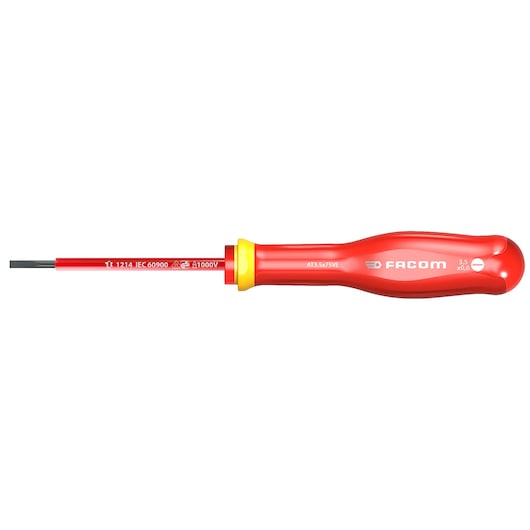 Facom AT3_5x75VE insulated flathead screwdriver with red and yellow handle, side view, white background.