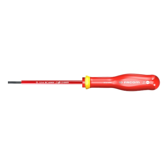 Facom AT3X100VE insulated flathead screwdriver with red and yellow handle, side view, white background.