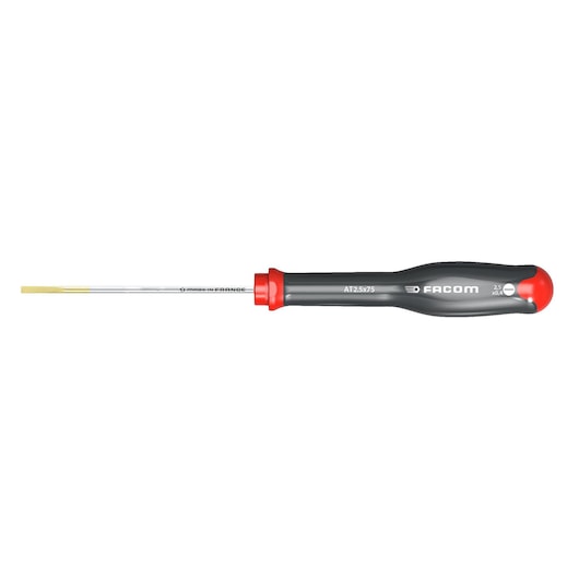 Facom AT3X100 flathead screwdriver, gray and red handle, side view on white background.