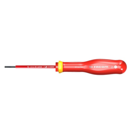 Facom insulated flat screwdriver AT3X75VE, red and yellow handle, side view, photographed on white background.