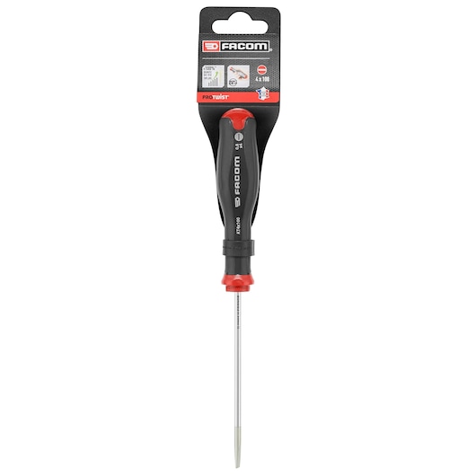 Facom screwdriver PROT_SD_PARA_4X100_STD front view, black handle with red accents, slotted tip.
