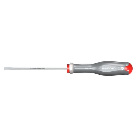 Facom AT4X100ST flathead screwdriver, grey and red handle, side view on white background.