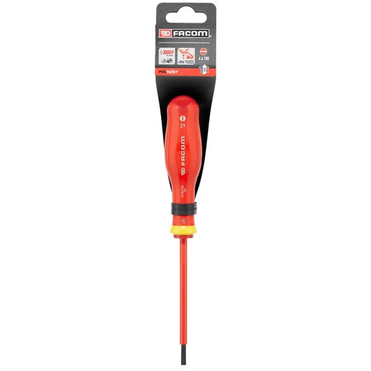 Facom PROT_SD_PARA_4X100_1000V insulated flathead screwdriver, red handle, front angle, photography.