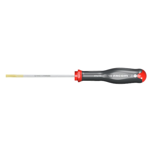 Facom AT4X100 flat screwdriver, black handle with red accents, side view on white background.