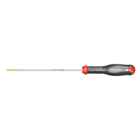 Facom AT4X150 flat blade screwdriver, long shaft, black and red handle, photography, side view.