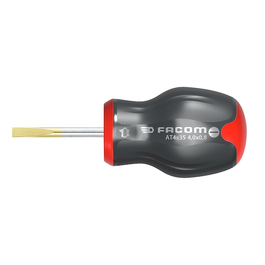Facom AT4X35 stubby flat screwdriver with black and red ergonomic handle, side angle, white background.