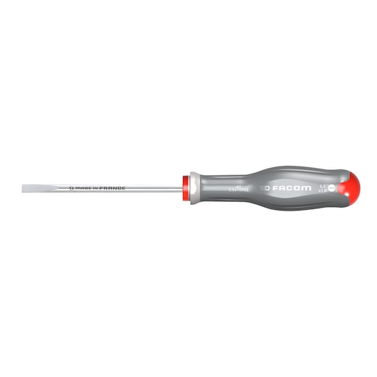 Facom AT5_5X100ST flathead screwdriver, grey and red handle, side view, on white background.