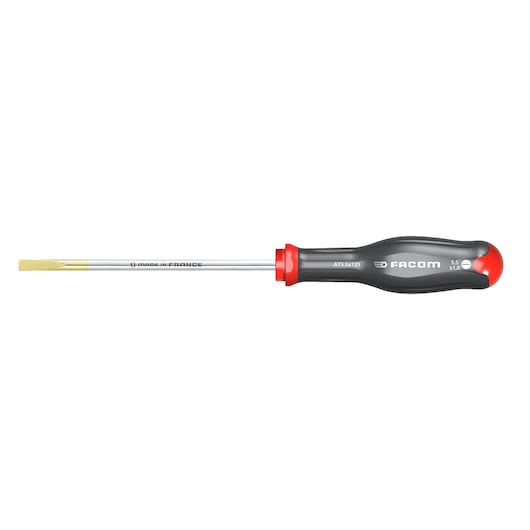 Facom AT5_5X125 slotted screwdriver with black and red handle, side view on white background.