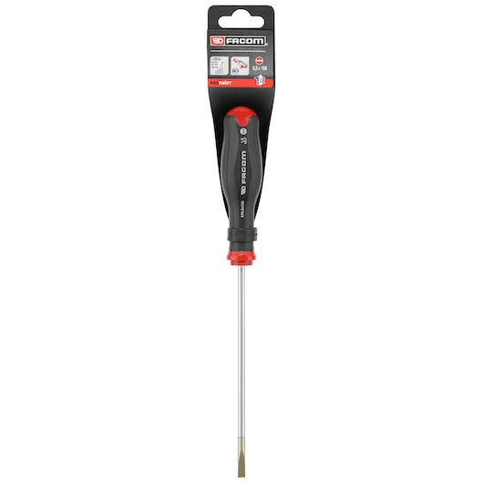 Facom AT5_5X150PB flathead screwdriver with black and red handle, front view on white background.