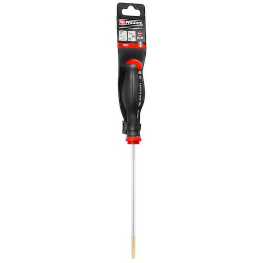 Photo of Facom AT5_5X150PB slotted screwdriver with black and red handle, straight angle, white background.
