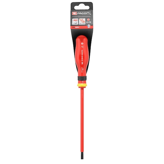Facom insulated flathead screwdriver PROT_SD_PARA_5.5X150_1000V, red and yellow handle, front view on white.