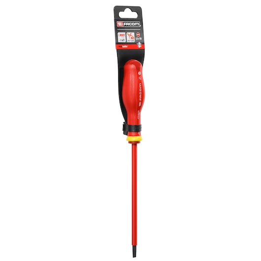 Photo of Facom insulated slotted screwdriver PROT_SD_PARA_5.5X150_1000V with red handle and visible packaging, front angle.