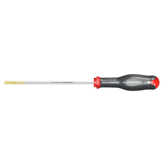 Facom AT5_5X150 slotted screwdriver with black and red handle, photographed from side on white background.