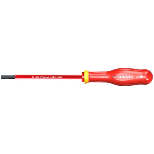 Photo of Facom AT5_5x200VE insulated flathead screwdriver with red and yellow handle, side view on white background.
