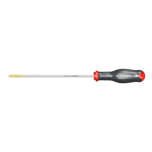 Facom flat blade screwdriver with black and red handle, AT5_5X200, side angle on white background.