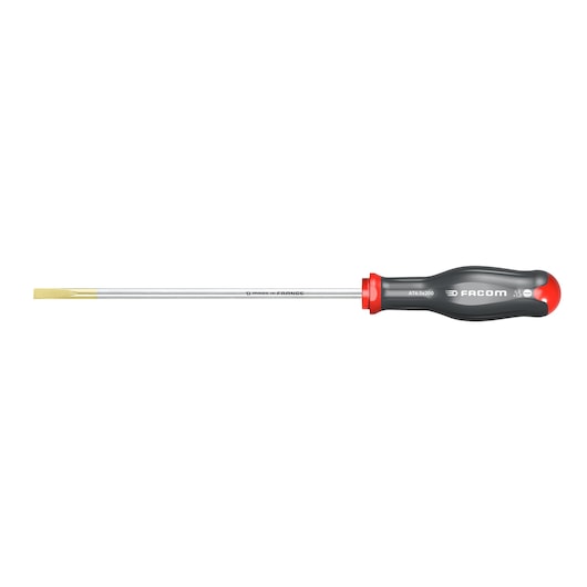 Facom AT5_5X300 flat screwdriver with black and red handle, side angle on white background.