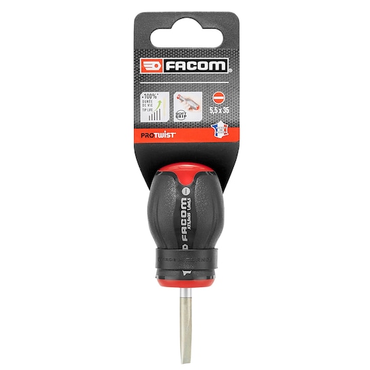 Facom short flathead screwdriver PROT_SD_PARA_5X35_STD with black and red handle, front view on white background.