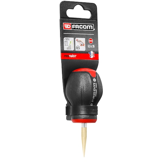Facom PROT_SD_PARA_5X35_STD hand awl with black and red ergonomic handle, photography, front angle.