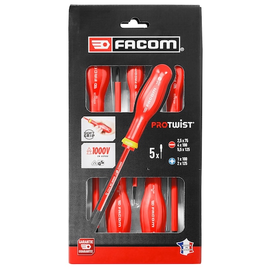 Photo of Facom AT5VE_PB insulated screwdriver set, 5-piece, red handles, in retail packaging, front angle.