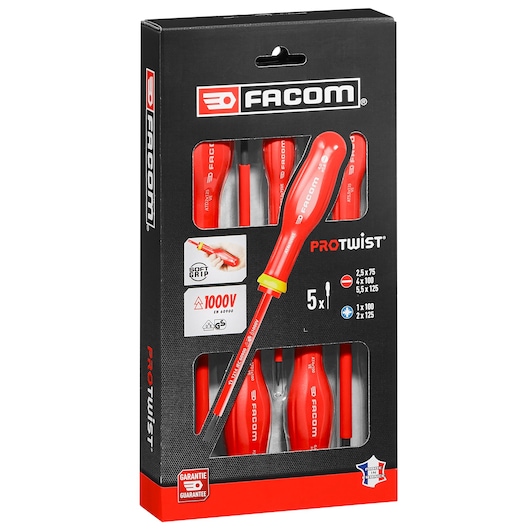 Photo of Facom AT5VE_PB insulated screwdriver set, 5 pieces, red handles, in retail packaging, angled view.