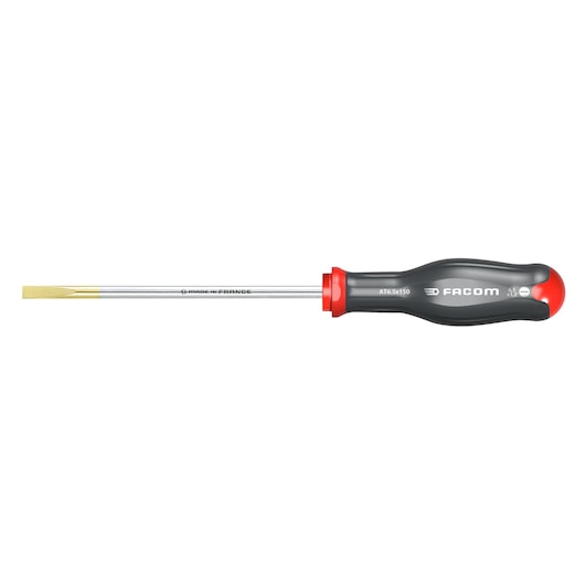 Facom AT6_5X125 flathead screwdriver with black and red ergonomic handle, side view on white background.