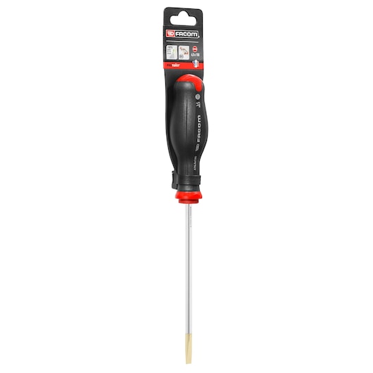 Photo of Facom AT6_5X150PB slotted screwdriver with black and red handle, front view on white background.