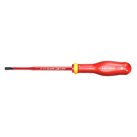 Facom AT6_5X150TVE insulated flathead screwdriver, red and yellow handle, side view.