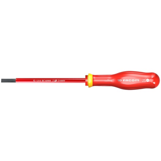 Facom insulated flathead screwdriver AT6_5x150VE with red handle and blade, product top view on white background.