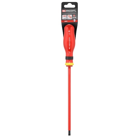 Photo of Facom insulated flathead screwdriver PROT_SD_PARA_6.5X200_1000V, red handle, front view on white.