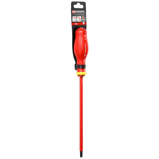 Facom PROT_SD_PARA_6.5X200_1000V insulated screwdriver with red handle and blade, front angle, photography