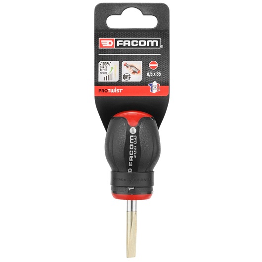 Facom AT6_5X35PB stubby flathead screwdriver with black and red handle, front view on white background.