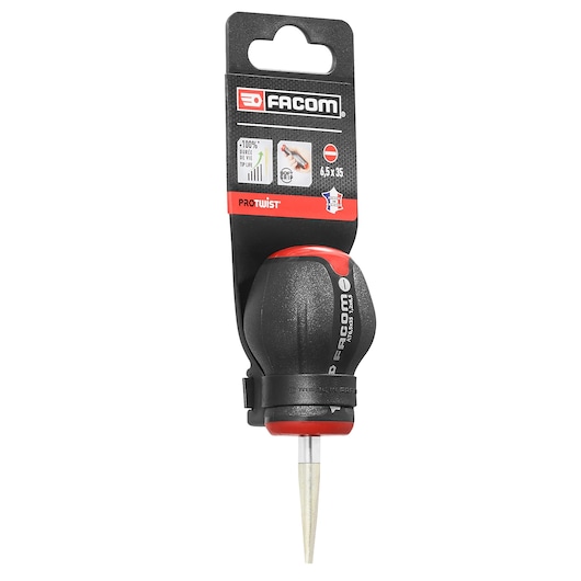 Facom AT6_5X35PB awl with short black and red handle, metal point, front angle on white background.