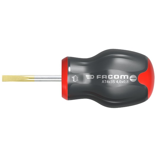 Facom stubby flathead screwdriver, black and red handle, side view, SKU AT6_5X35.