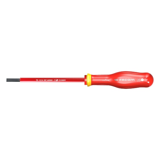 Facom AT8X200VE insulated flathead screwdriver, red and yellow handle, photographed on white background, side view.