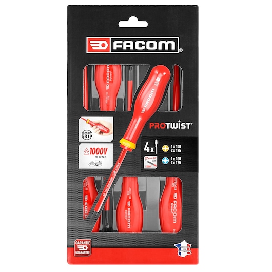 Facom ATB.J4TVEPB insulated screwdriver set, four red pieces with soft grip handles in retail packaging, front angle.